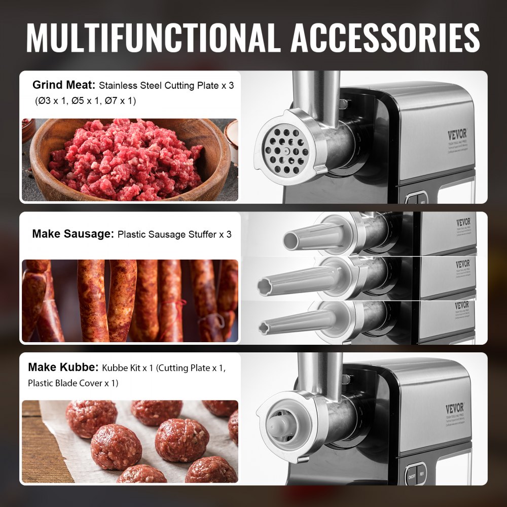 VEVOR Meat Grinder, 4.2 Lbs/Min Capacity Electric Meat Grinders with Blade, Grinding Plate, Sausage Maker, Kubbe Kit, Stainless Steel Meat Mincer for Home Kitchen
