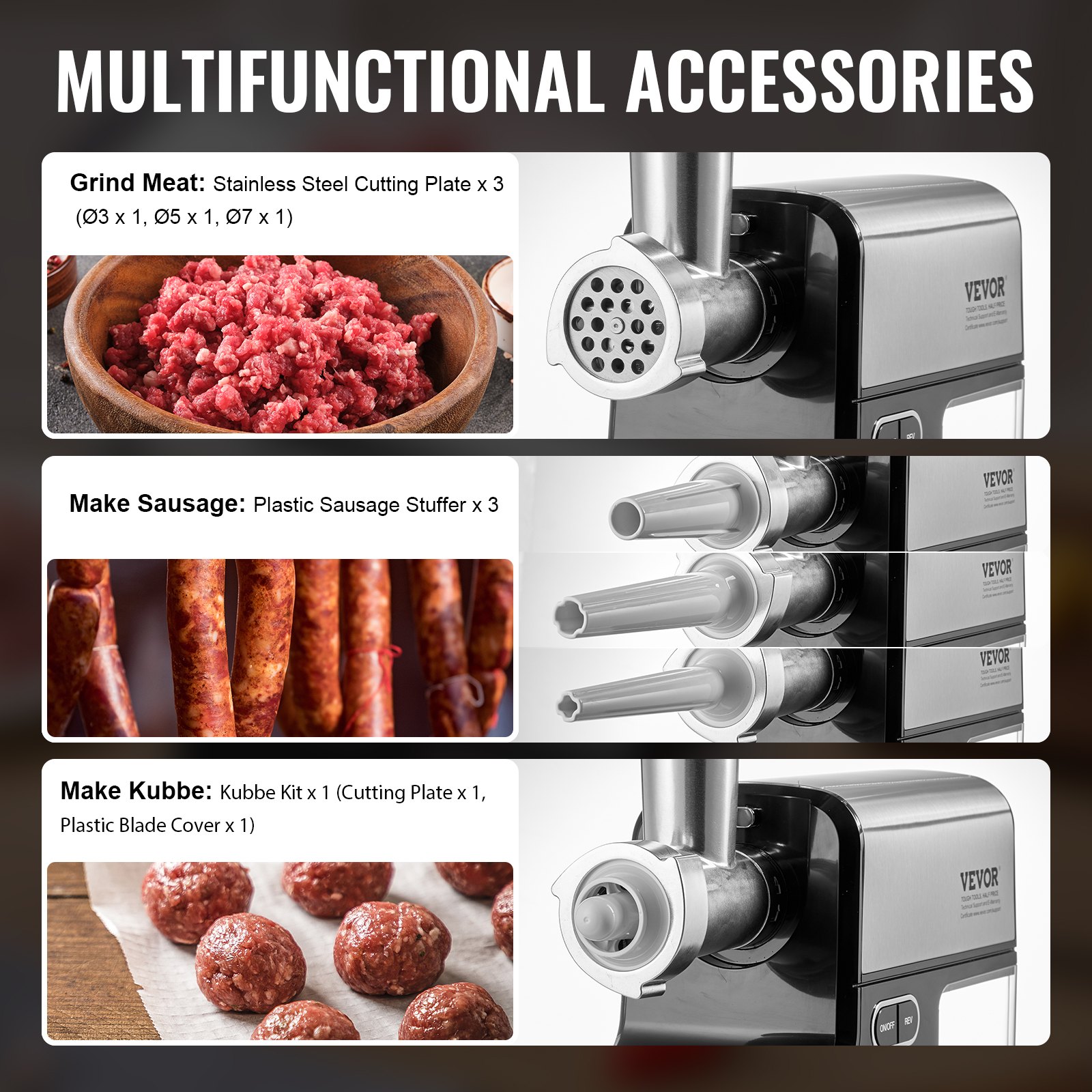 VEVOR Meat Grinder, 4.2 Lbs/Min Capacity Electric Meat Grinders with Blade, Grinding Plate, Sausage Maker, Kubbe Kit, Stainless Steel Meat Mincer for Home Kitchen