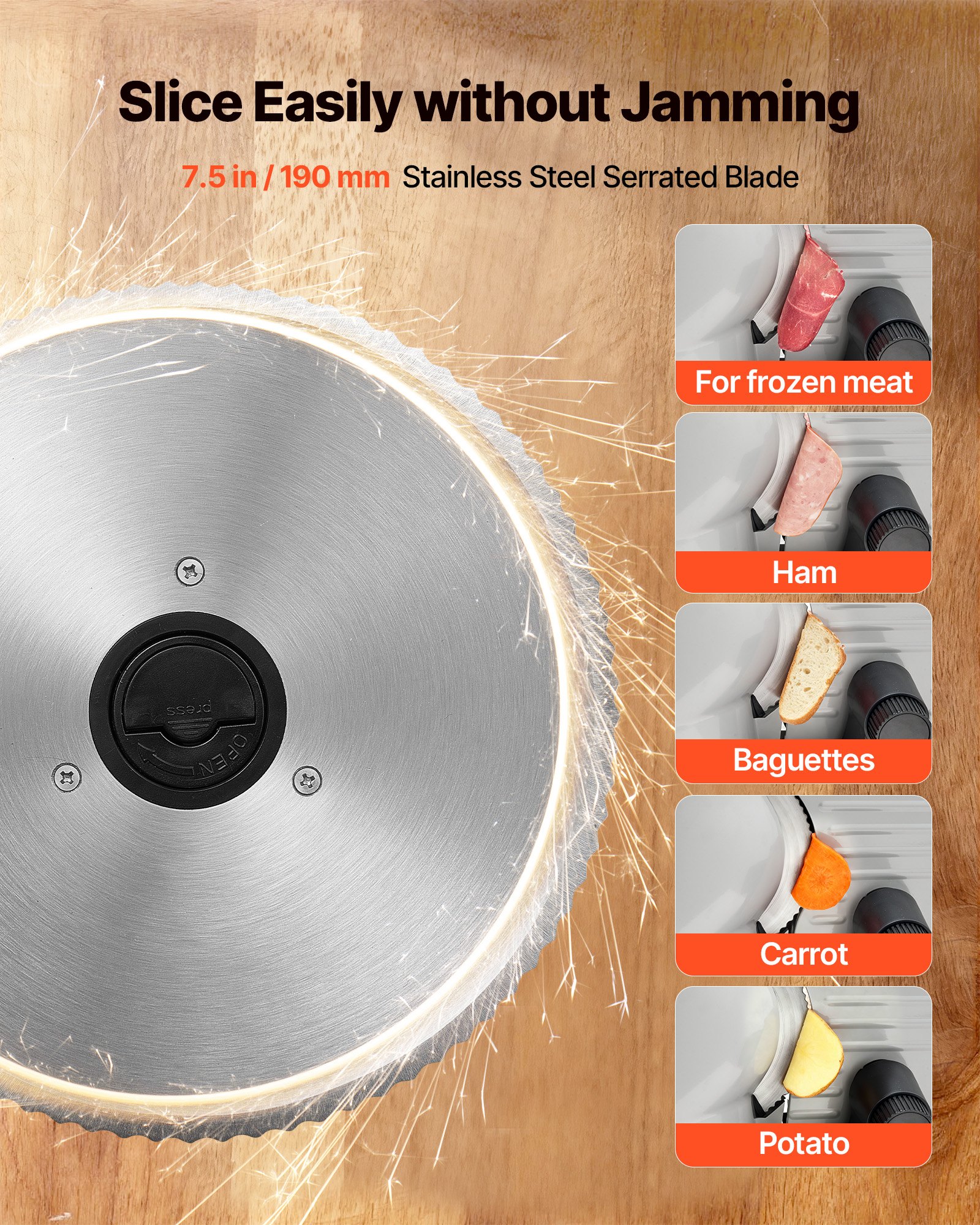 VEVOR Meat Slicer, Electric Deli Slicer with 190mm SUS420 Blade & 0-15mm Adjustable Thickness, 200W Home Food-Slicer for Frozen Meat, Ham, Baguett, Steak