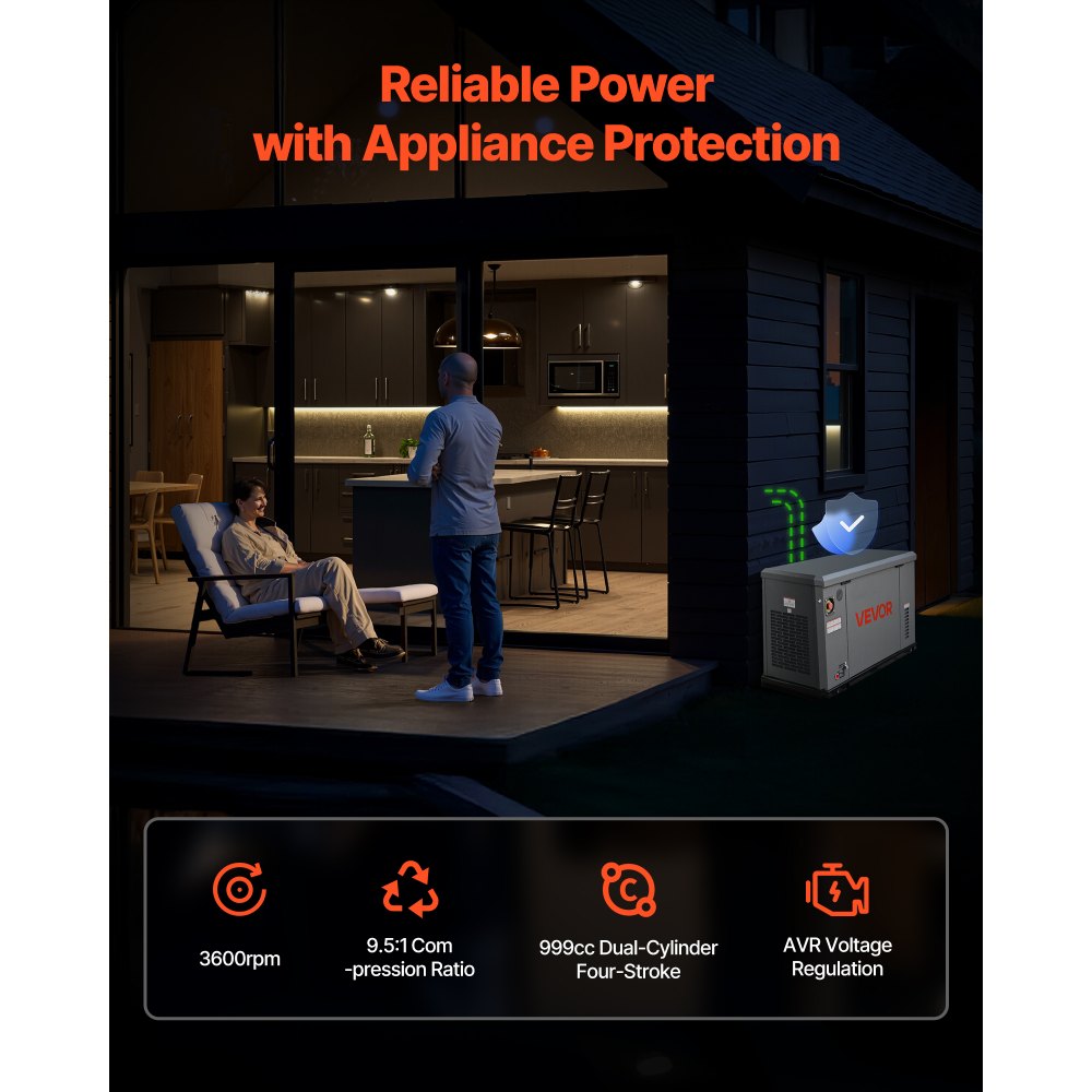VEVOR Standby Generator, Dual Fuel Whole Home Generator, LPG 22Kw Max Power & Natural Gas 20Kw Max Power, Whole House Power Backup For Home Backup, Camping, AVR Voltage Regulation, LCD Display