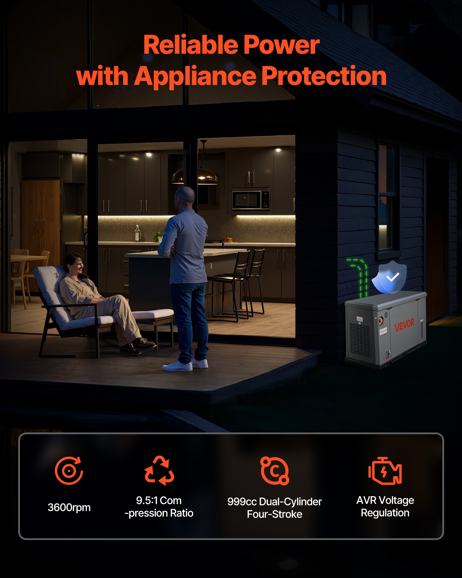 VEVOR Standby Generator, Dual Fuel Whole Home Generator, LPG 22Kw Max Power & Natural Gas 20Kw Max Power, Whole House Power Backup For Home Backup, Camping, AVR Voltage Regulation, LCD Display