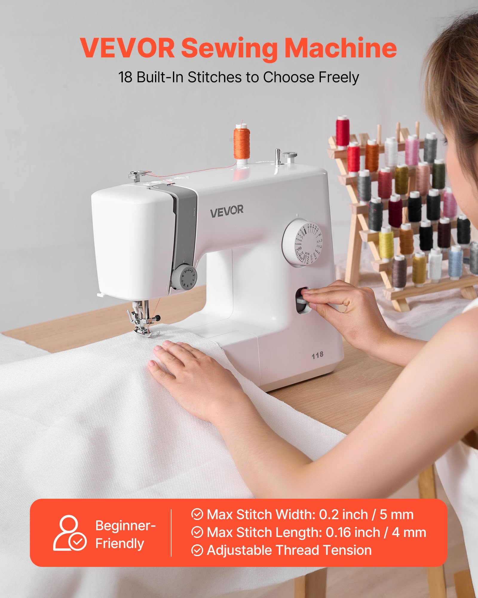 VEVOR Sewing Machine, 18 Stitch Applications, with LED Light and Foot Pedal, Simple Dial Control, Interior Metal Frame, Lightweight and Portable Beginner Sewing Machine for Adults Crafts and Mending
