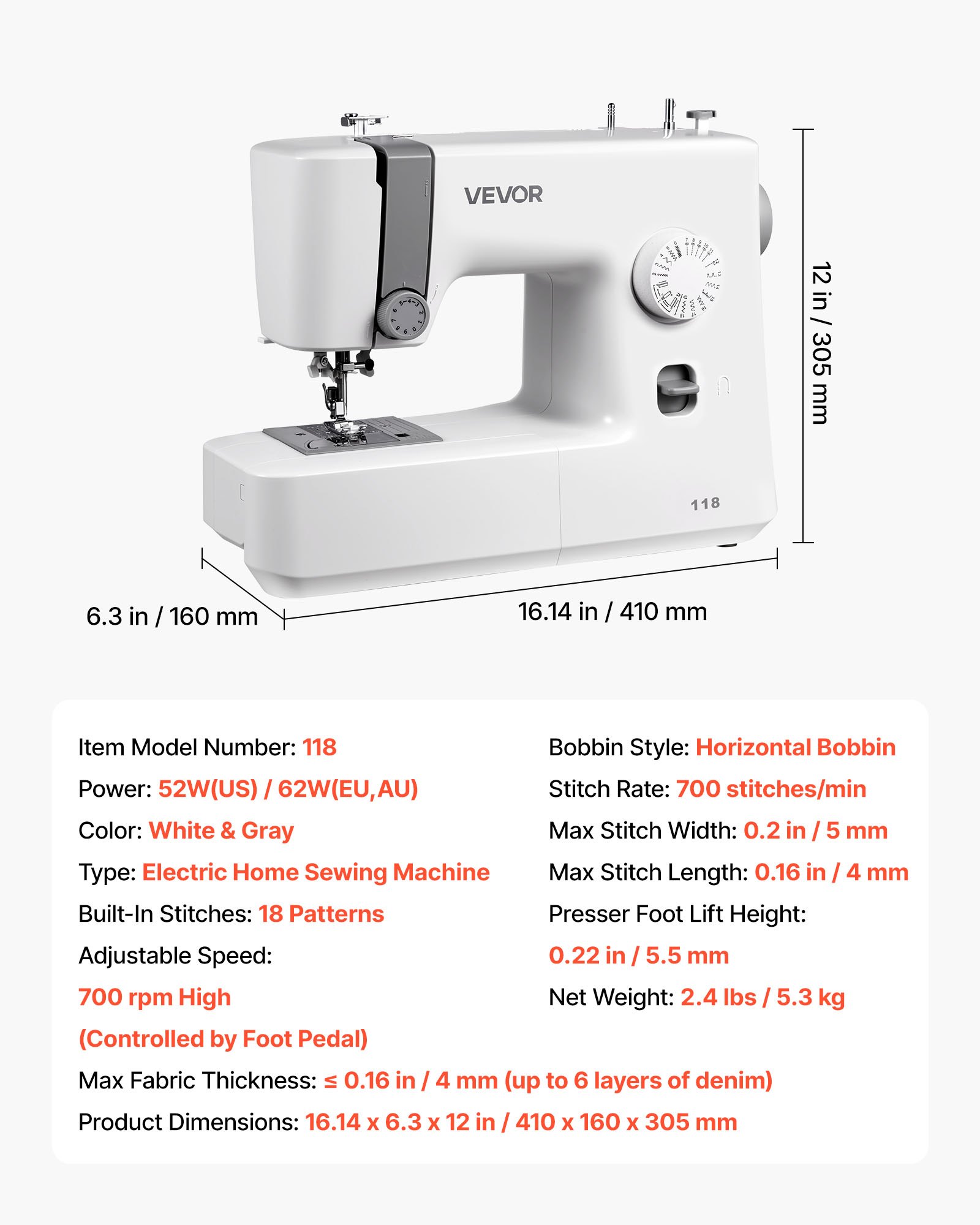 VEVOR Sewing Machine, 18 Stitch Applications, with LED Light and Foot Pedal, Simple Dial Control, Interior Metal Frame, Lightweight and Portable Beginner Sewing Machine for Adults Crafts and Mending