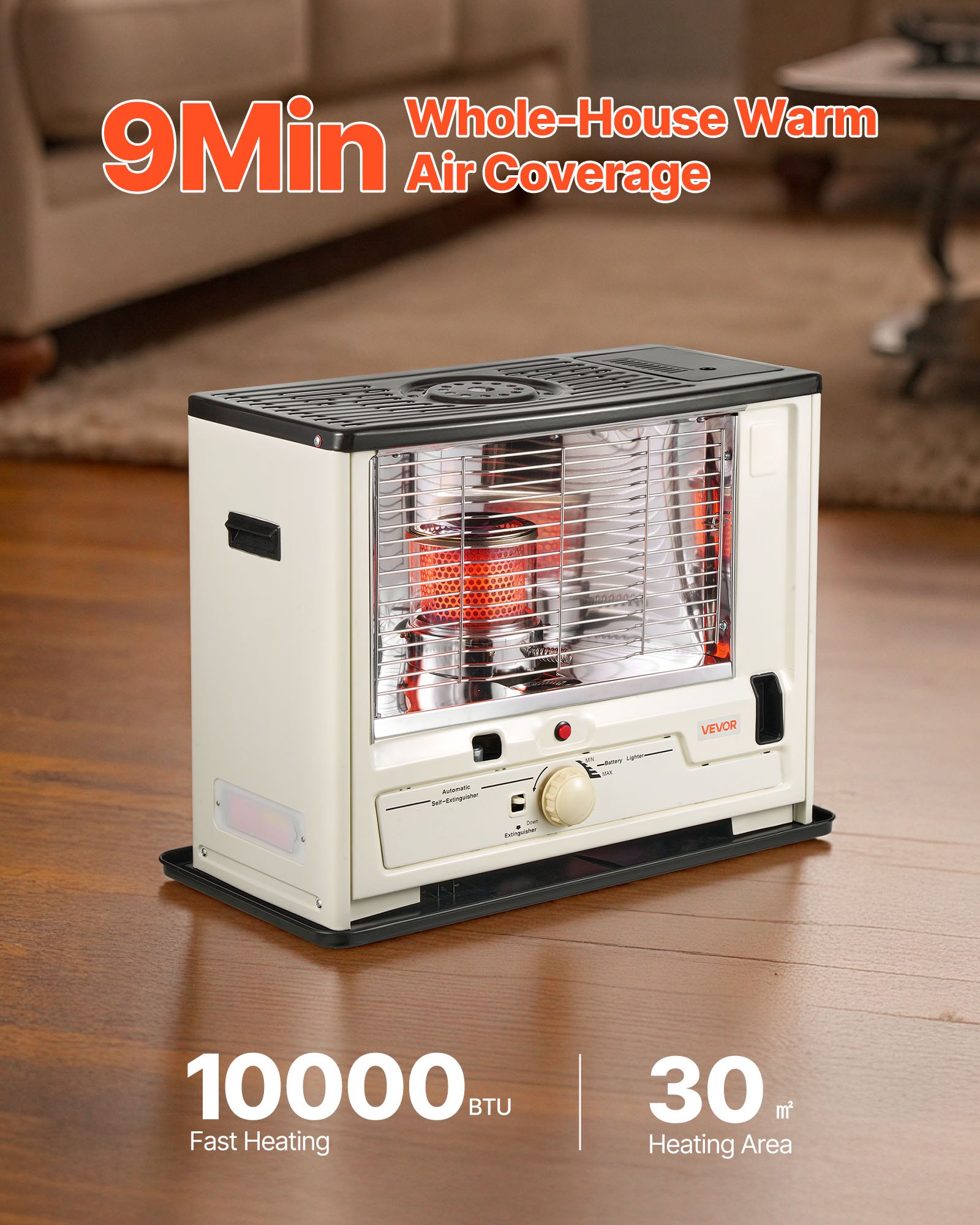 VEVOR 10000 BTU Indoor & Outdoor Kerosene Heater, Portable Space Heater with Auto Shut-Off & Adjustable Flame & Tip-Over, for Home, Garage, Basement, Camping, Workshop and Emergency,Black