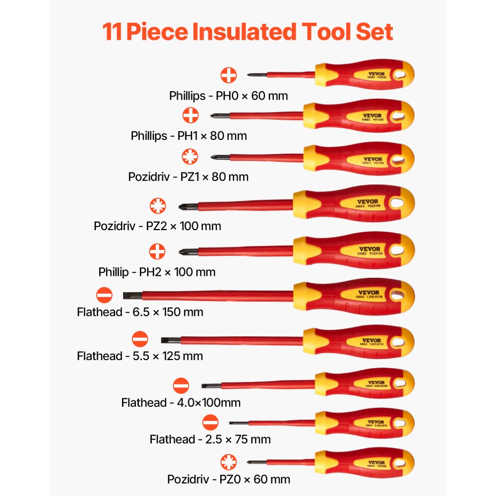 VEVOR Insulated Screwdriver Set, 11-Piece Professional Electrical Screwdriver Set, 1000V Insulated Electrician Tool Set, with Magnetic Phillips Slotted Pozi Tips, Voltage Tester, for Electricians