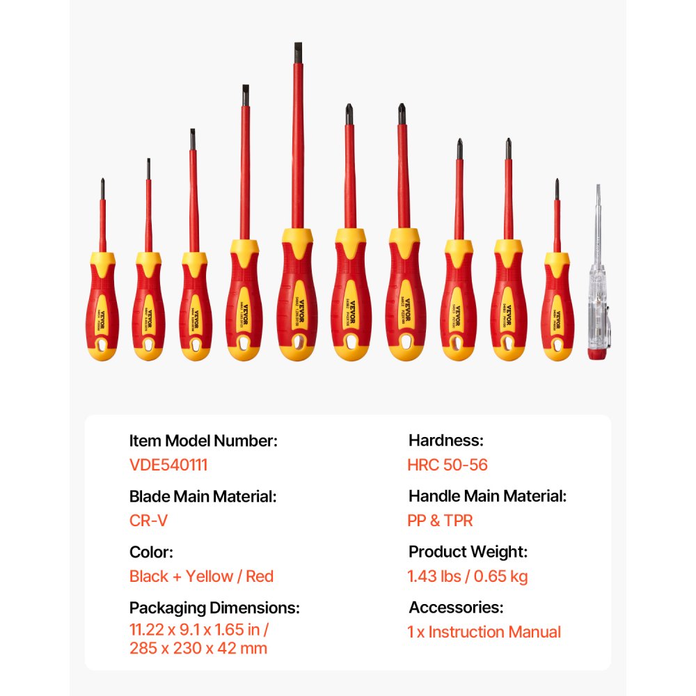 VEVOR Insulated Screwdriver Set, 11-Piece Professional Electrical Screwdriver Set, 1000V Insulated Electrician Tool Set, with Magnetic Phillips Slotted Pozi Tips, Voltage Tester, for Electricians