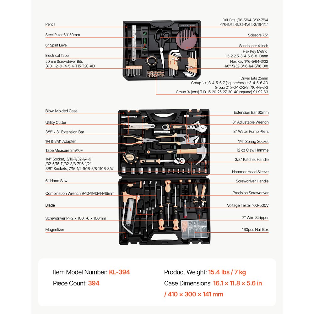 VEVOR Tool Kit 394-Piece General Household Tool Kit for Home Maintenance, For Everyday House Repairs and DIY Projects, with Portable Storage Case, High-Quality Steel, with Hammer, Wrench, Pliers