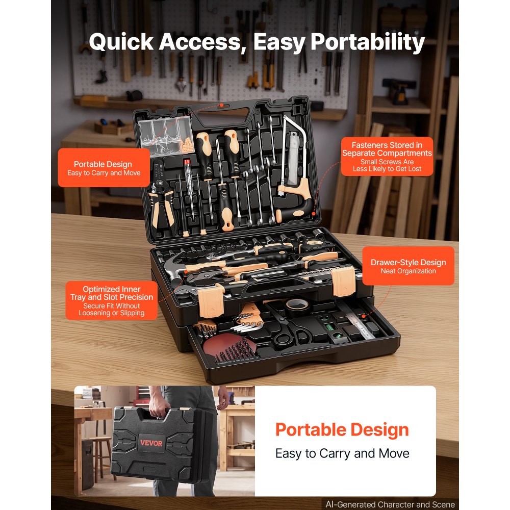 VEVOR Tool Kit 394-Piece General Household Tool Kit for Home Maintenance, For Everyday House Repairs and DIY Projects, with Portable Storage Case, High-Quality Steel, with Hammer, Wrench, Pliers