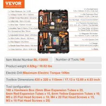 VEVOR Tool Kit, 146 Piece General Household Hand Tool Set, with Electric Drill and Portable Tool Storage Case, High-Quality Steel, for Home Maintenance, DIY Projects, and Automotive Repair