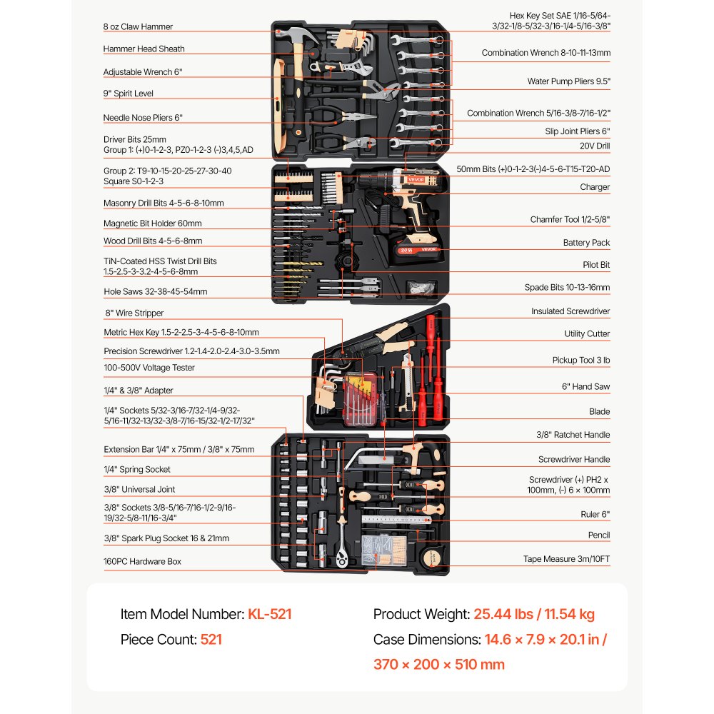 VEVOR Tool Kit 521-Piece General Household Tool Kit for Home Maintenance, For Everyday House Repairs, DIY Projects, with Portable Storage Case, High-Quality Steel, with Cordless Drill, Bits, Hammer