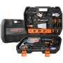 VEVOR tool kit with pliers, scissors, screwdrivers, tape measure, level, and more in a black and orange case.