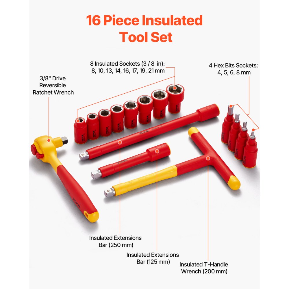 VEVOR Insulated Socket Set 16-Piece Insulated Socket Tool with T-Handle Wrench