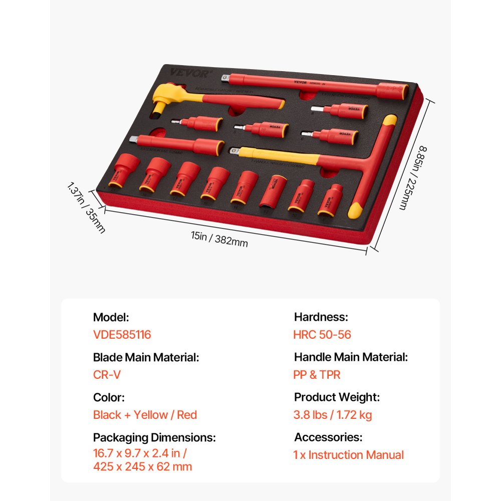 VEVOR Insulated Socket Set 16-Piece Insulated Socket Tool with T-Handle Wrench