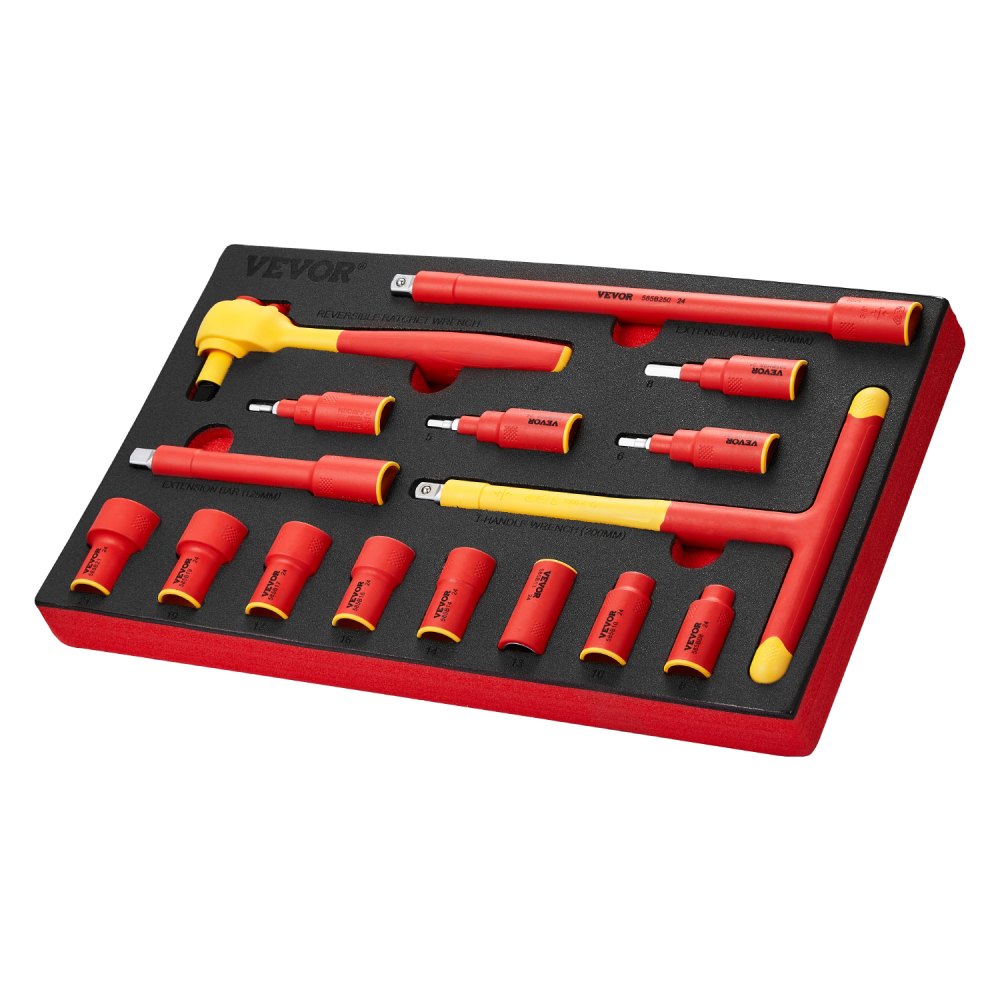 VEVOR Insulated Socket Set, 16-Piece Insulated Wrench Tool Set, Insulated Socket Tool, with Insulated Sockets, Insulated T-Handle Wrench, Drive Rachet, Extensions, for Electricians and Home Repair