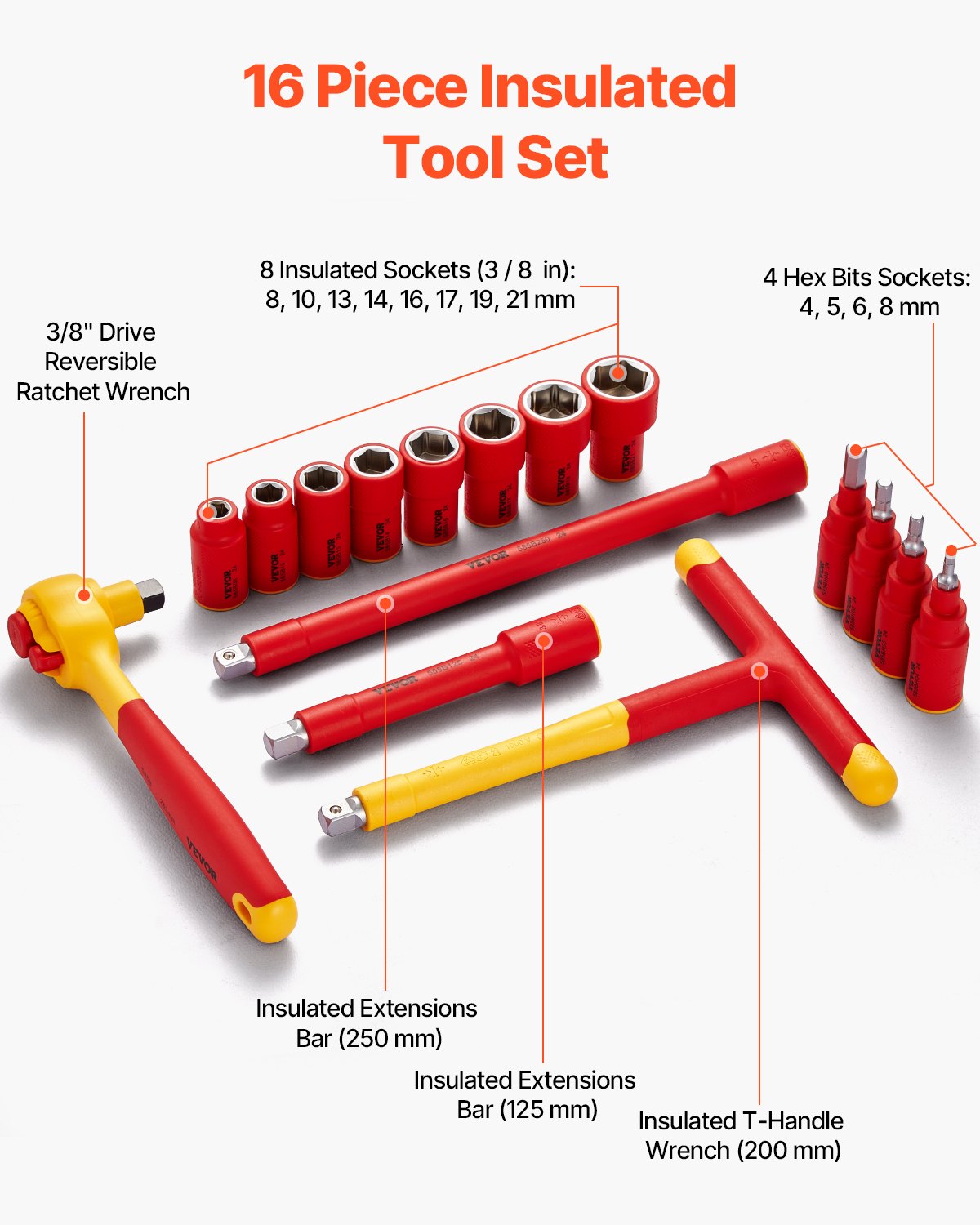 VEVOR Insulated Socket Set, 16-Piece Insulated Wrench Tool Set, Insulated Socket Tool, with Insulated Sockets, Insulated T-Handle Wrench, Drive Rachet, Extensions, for Electricians and Home Repair