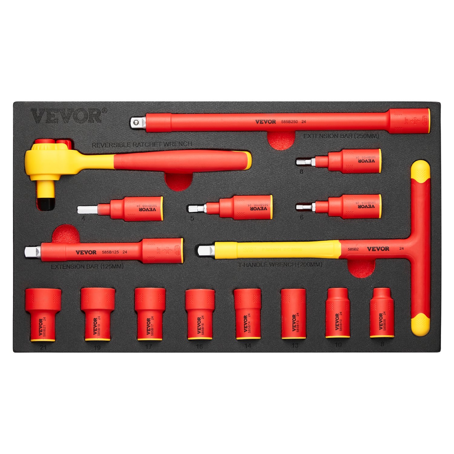 VEVOR Insulated Socket Set, 16-Piece Insulated Wrench Tool Set, Insulated Socket Tool, with Insulated Sockets, Insulated T-Handle Wrench, Drive Rachet, Extensions, for Electricians and Home Repair