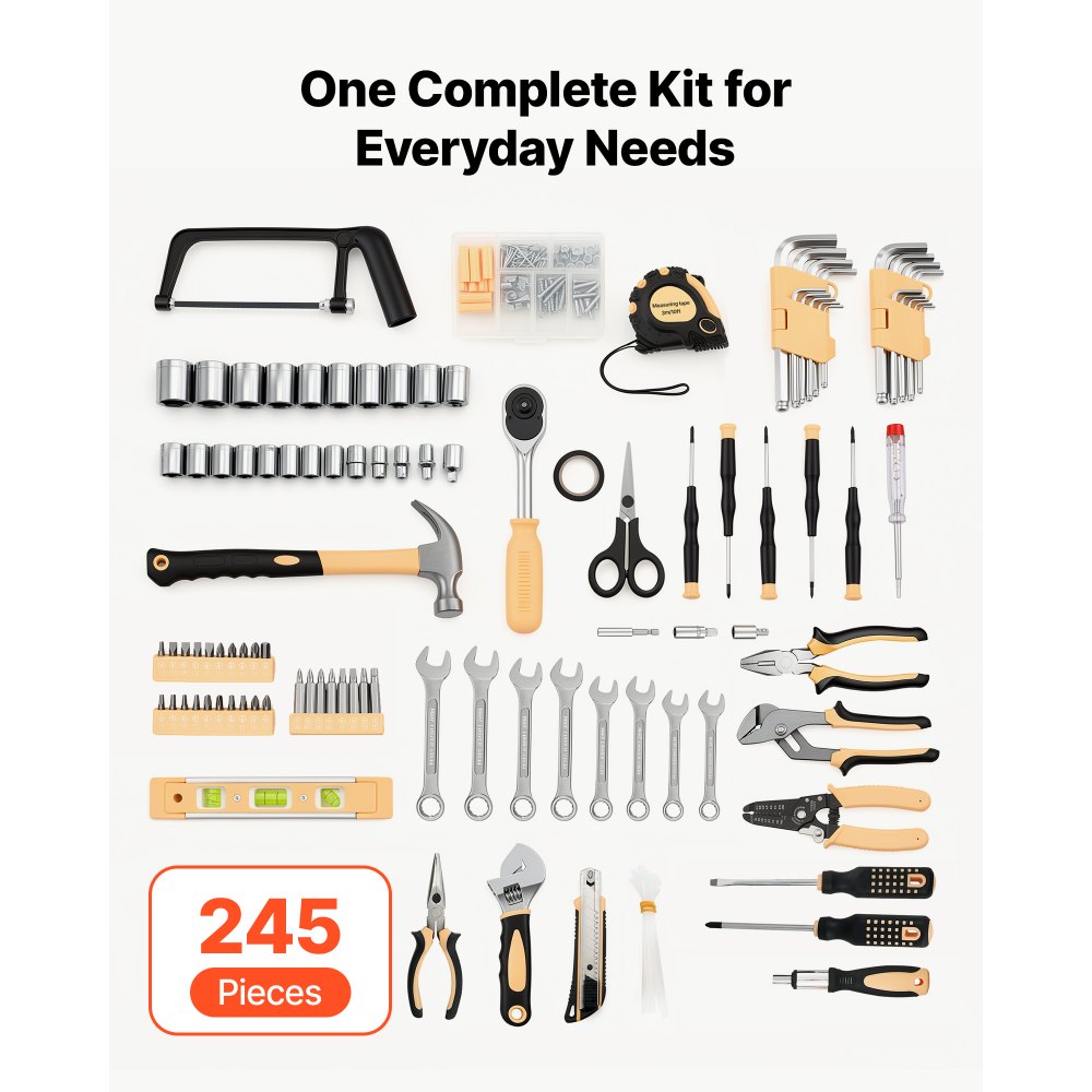 VEVOR Tool Kit 245-Piece General Household Tool Kit for Home Maintenance, For Everyday House Repairs and DIY Projects, with Portable Storage Case, High-Quality Steel, with Hammer, Wrench, Pliers
