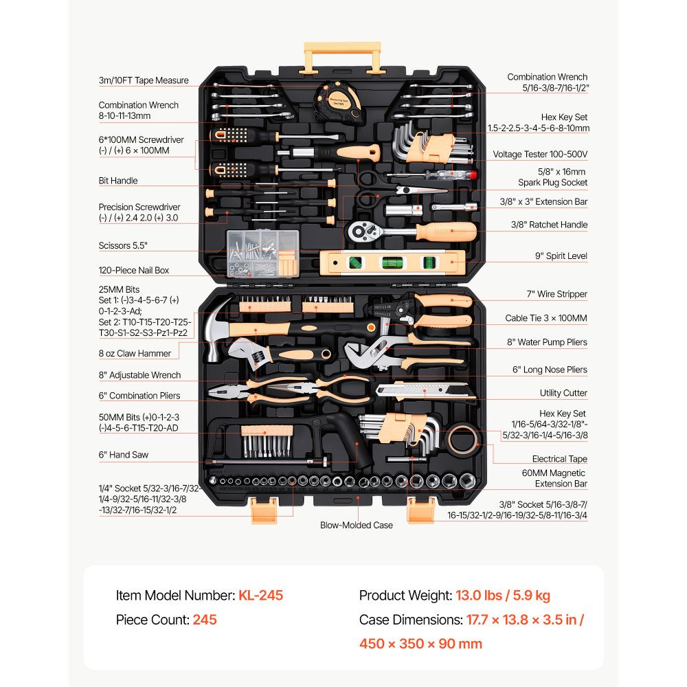 VEVOR Tool Kit 245-Piece General Household Tool Kit for Home Maintenance, For Everyday House Repairs and DIY Projects, with Portable Storage Case, High-Quality Steel, with Hammer, Wrench, Pliers