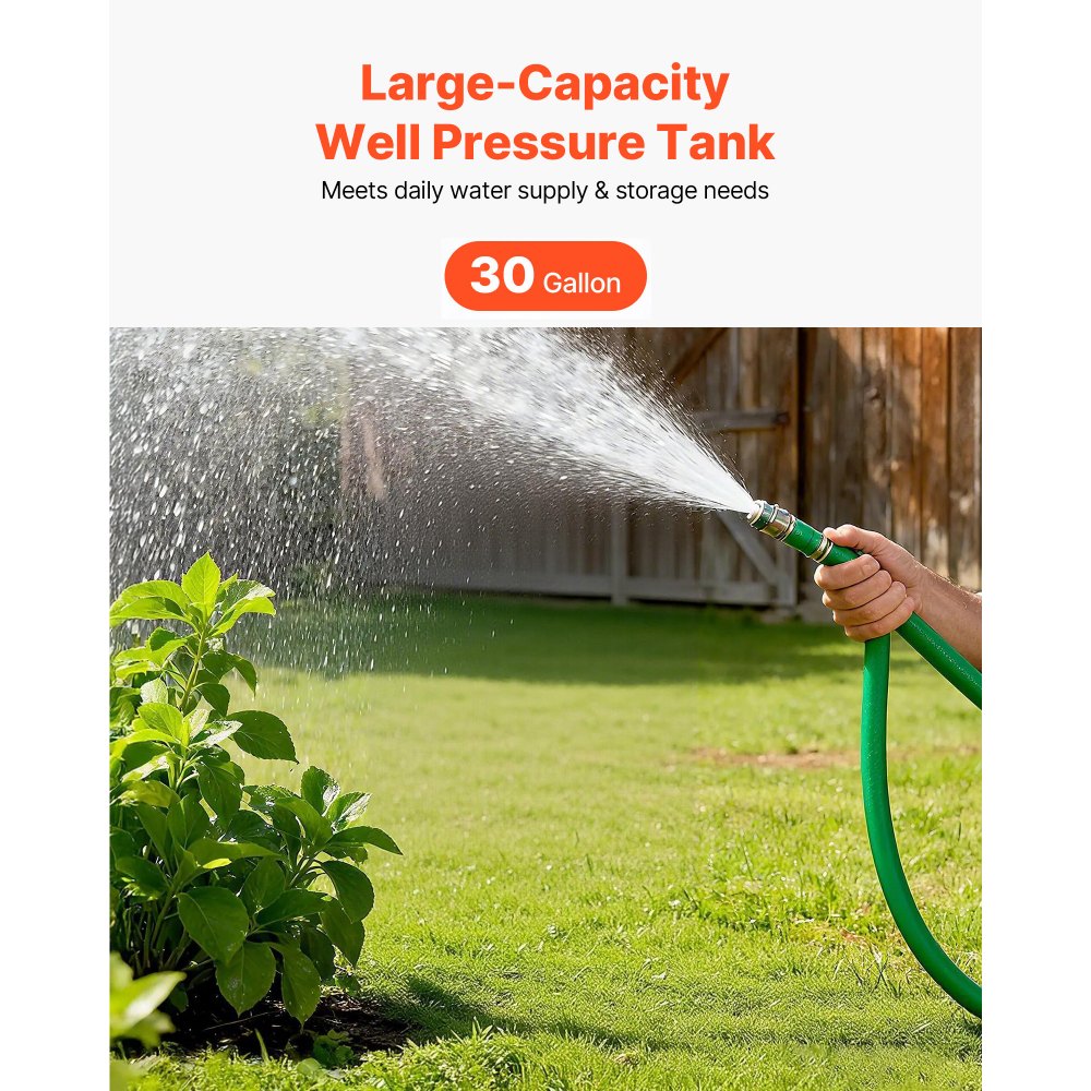 VEVOR 30-Gallon Vertical Well Pressure Tank, Pre-Charged Pressurized Water Tank for Well Pumps, Heavy-Duty Carbon Steel Water Storage Container for Home, School, Farm & Irrigation Systems