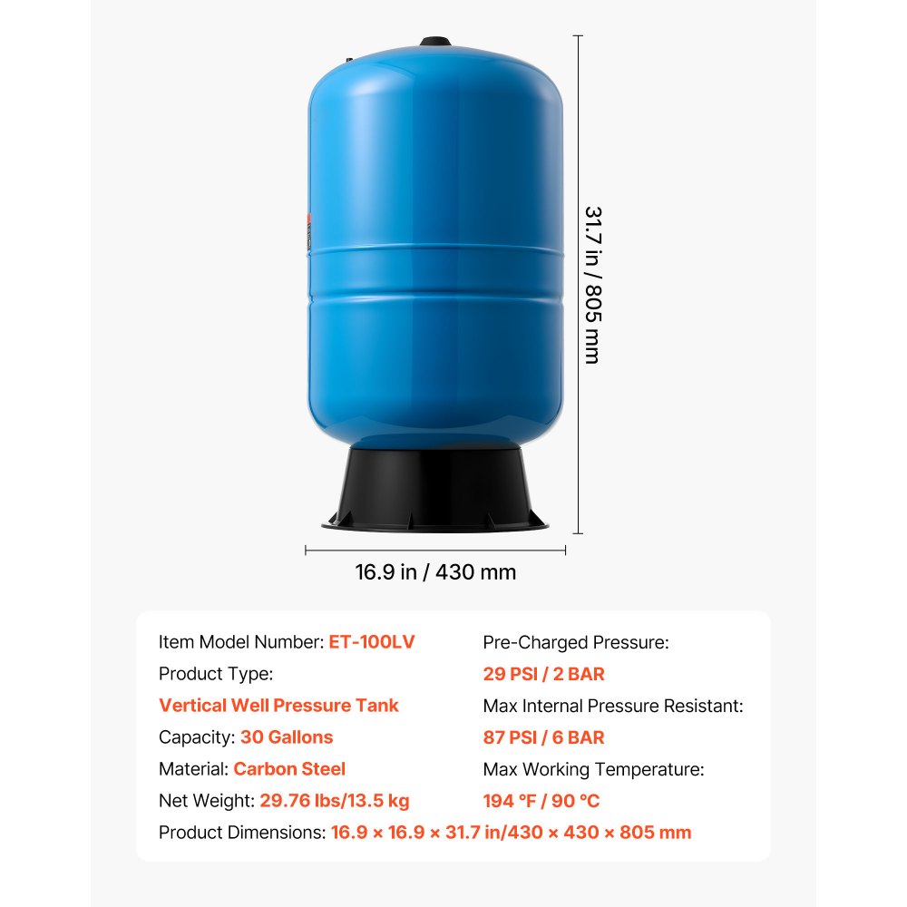 VEVOR 30-Gallon Vertical Well Pressure Tank, Pre-Charged Pressurized Water Tank for Well Pumps, Heavy-Duty Carbon Steel Water Storage Container for Home, School, Farm & Irrigation Systems