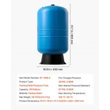 VEVOR 30-Gallon Vertical Well Pressure Tank, Pre-Charged Pressurized Water Tank for Well Pumps, Heavy-Duty Carbon Steel Water Storage Container for Home, School, Farm & Irrigation Systems