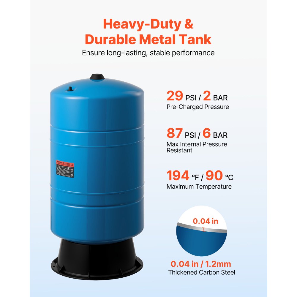 VEVOR Vertical Well Pressure Tank,  20-Gallon (75.7L) Pre-Charged Pressurized Water Tank for Well Pumps, Heavy-Duty Carbon Steel Water Storage Container for Home, School, Farm & Irrigation Systems