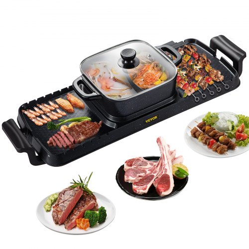 VEVOR 2 in 1 Electric Grill and Hot Pot, 2400W BBQ Pan Grill and Hot Pot, Multifunctional Teppanyaki Grill Pot with Dual Temp Control, Smokeless Hot Pot Grill with Nonstick Coating for 1-8 People
