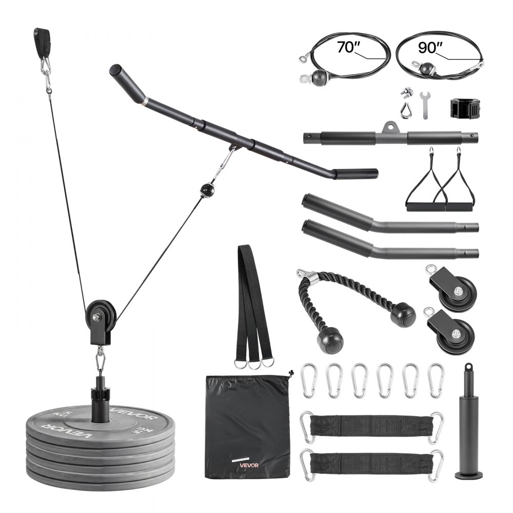 VEVOR Pulley System, 2 PCS LAT and Lift Pulley System, Gym Rack Pulleys Attachment with two Steel Cables, Short Bar, Dual Grip Handles, Cable Machine for Bicep, Shoulder, Back, Up to 150 kg Capacity