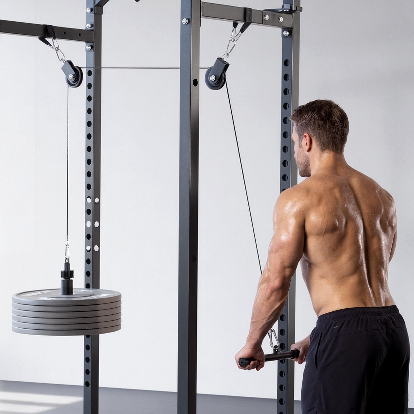 VEVOR Pulley System, 2 PCS LAT and Lift Pulley System, Gym Rack Pulleys Attachment with two Steel Cables, Short Bar, Dual Grip Handles, Cable Machine for Bicep, Shoulder, Back, Up to 150 kg Capacity