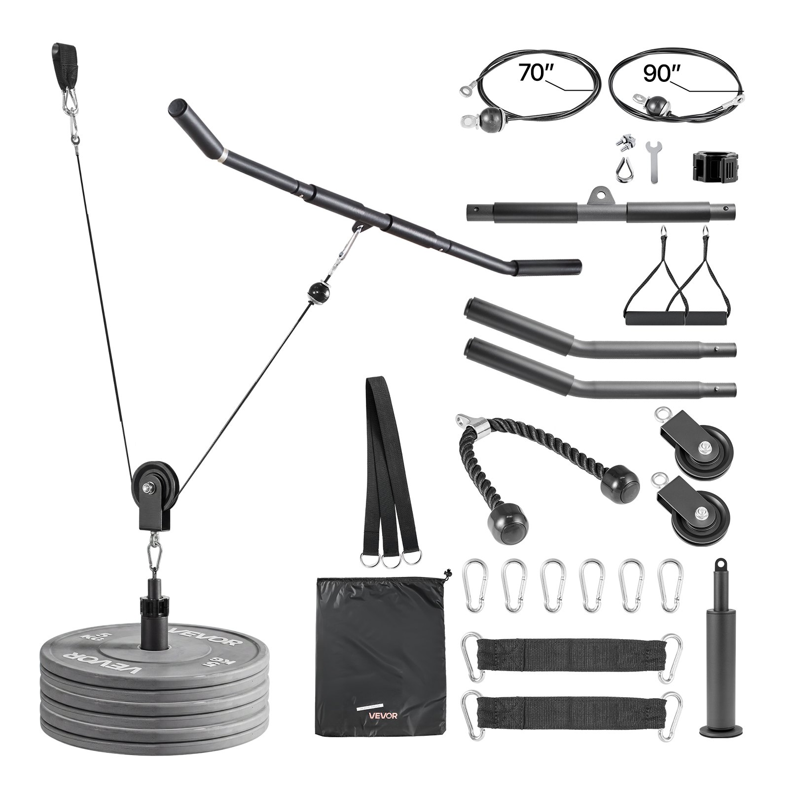 VEVOR Pulley System, 2 PCS LAT and Lift Pulley System, Gym Rack Pulleys Attachment with two Steel Cables, Short Bar, Dual Grip Handles, Cable Machine for Bicep, Shoulder, Back, Up to 150 kg Capacity