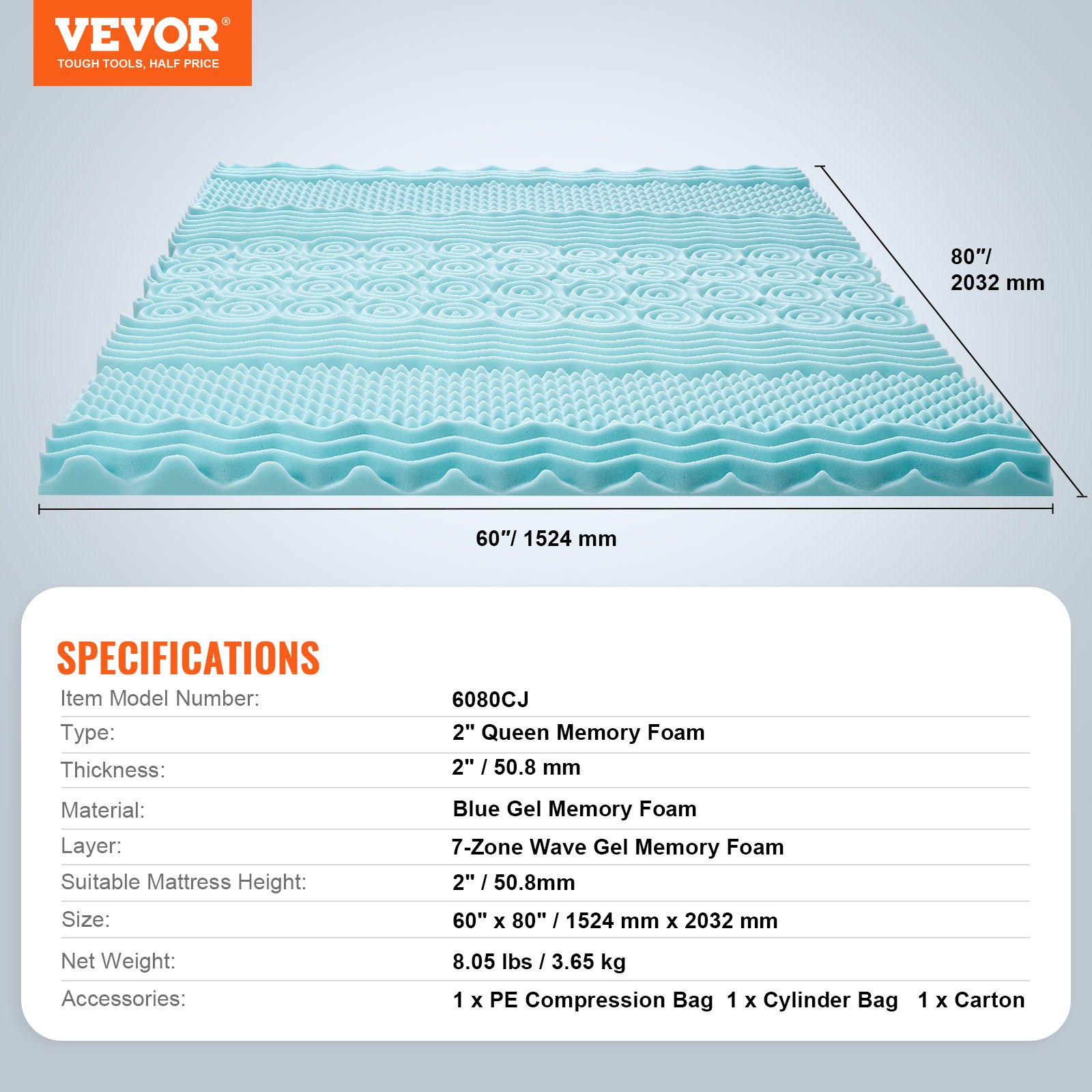 VEVOR Mattress Topper, Queen Size, 50.8 mm Thickness, Memory Foam Mattress Pad, Cooling Gel Infusion, Compressed Package for Quick Setup, 7 Comfort Zones for Pressure Relief, Comfy Support for Any Bed