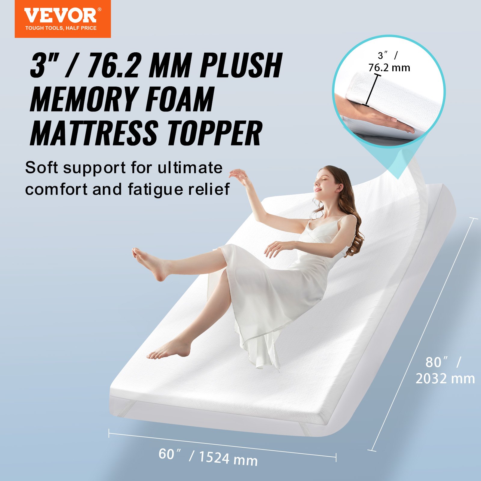 VEVOR Mattress Topper, Queen Size, 76.2 mm Thickness, Soft Memory Foam Pad, Premium Cooling Gel Infusion, Detachable and Washable Casing, Compressed Package for Quick Setup, Comfy Support for Any Bed
