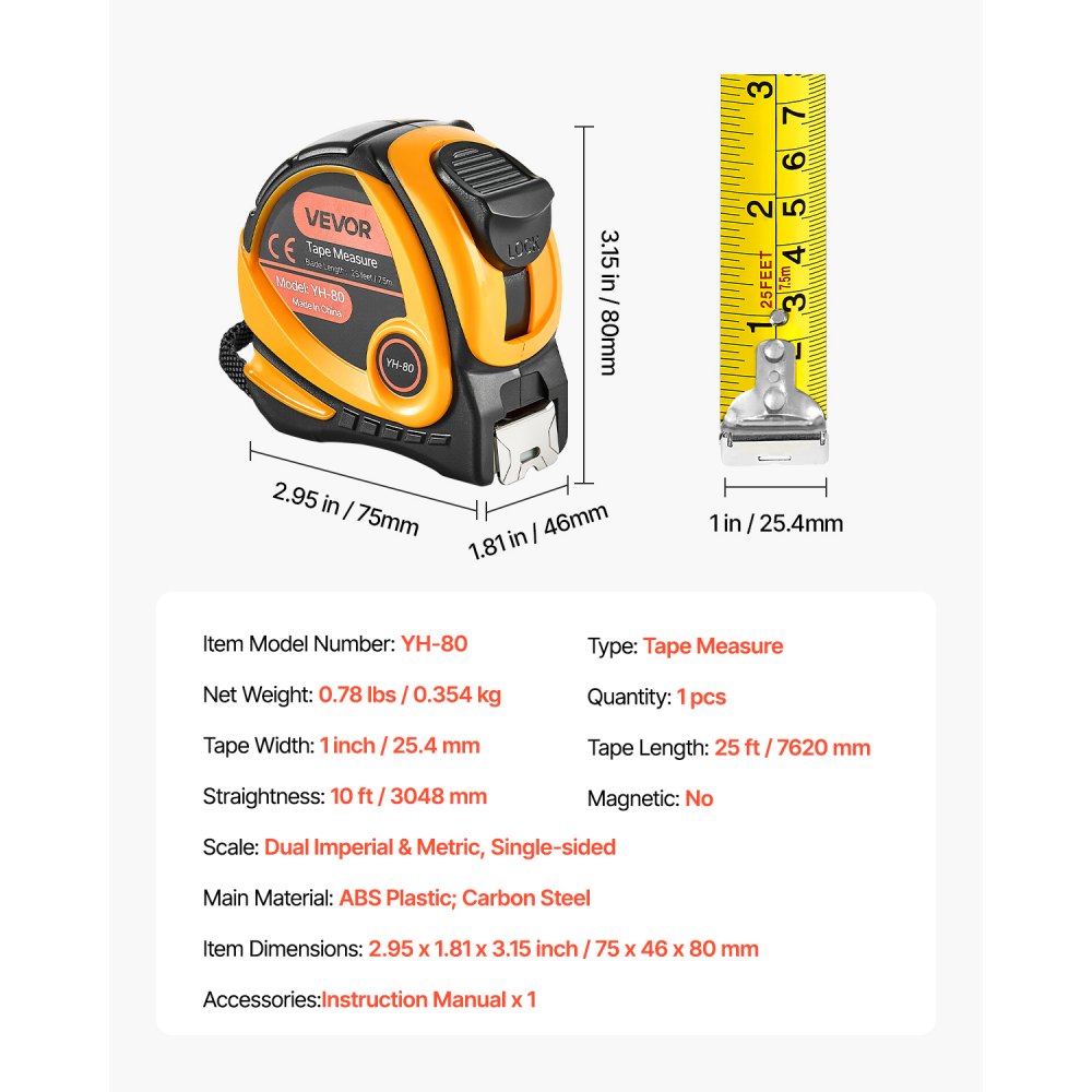 VEVOR Tape Measure 7620 mm Length, Measuring Tape with Retractable, One-Touch Lock, Imperial and Metric ft/m Dual-Scale & ABS Case & Easy Read Steel Measurement Tool, for Outdoor,Decoration