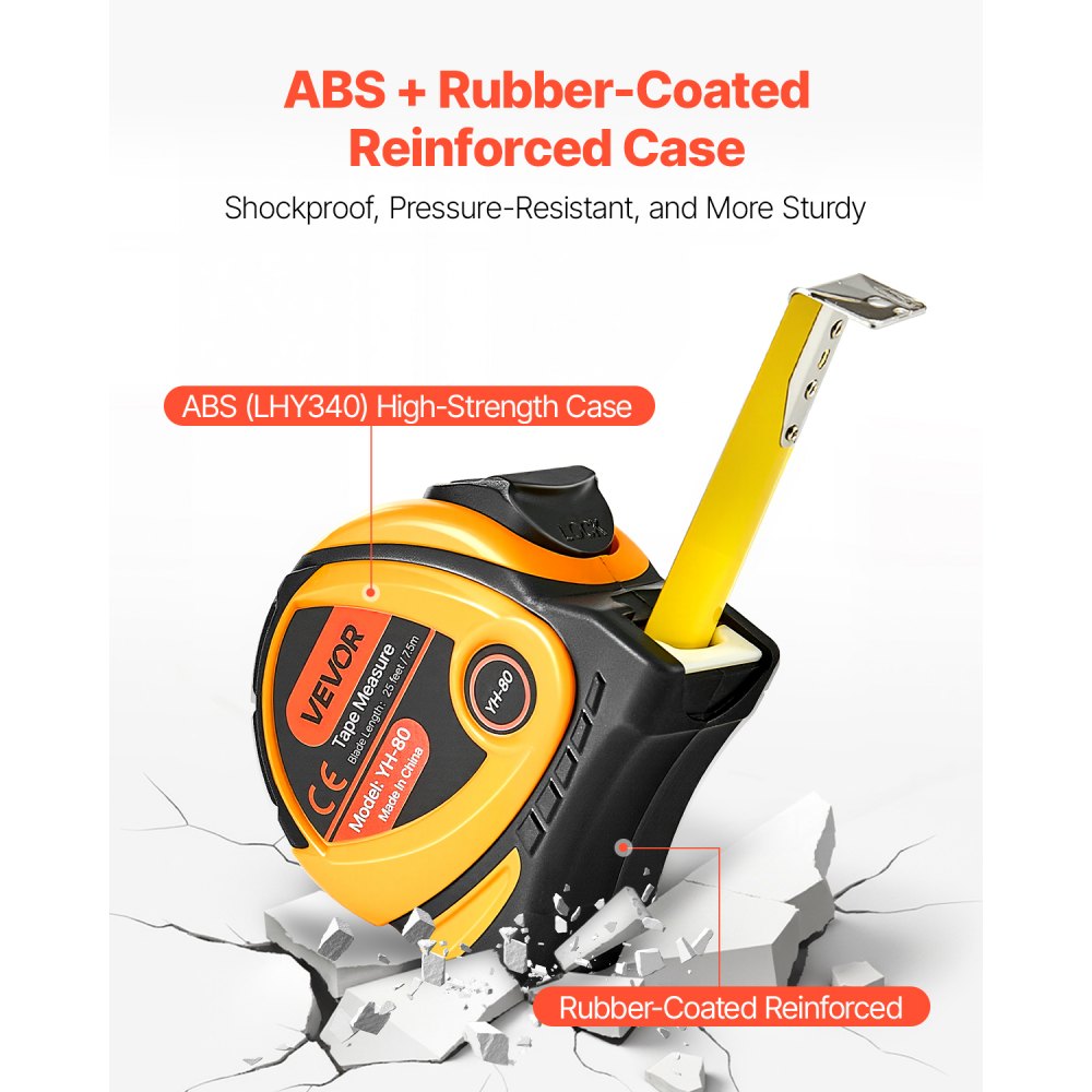 VEVOR Tape Measure 25 ft Length, Measuring Tape with Retractable, Imperial and Metric ft/m Dual-Scale & ABS Case & Easy Read Steel Measurement Tool, for Outdoor,Decoration