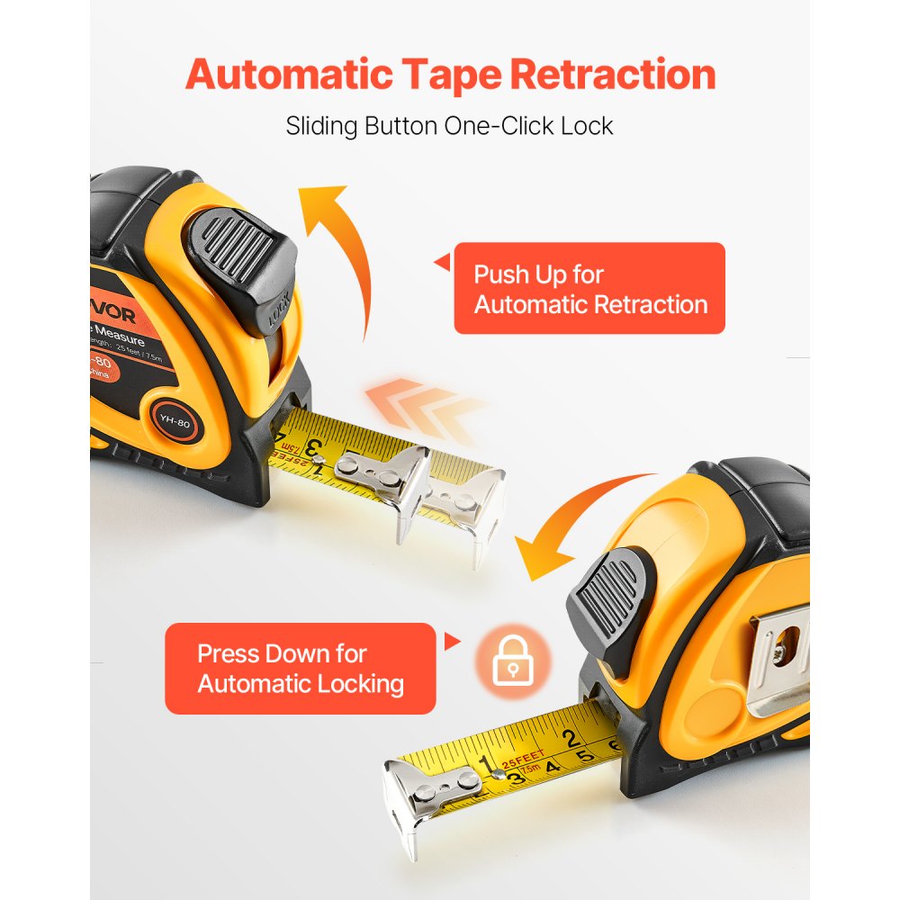 VEVOR Tape Measure 25 ft Length, Measuring Tape with Retractable, Imperial and Metric ft/m Dual-Scale & ABS Case & Easy Read Steel Measurement Tool, for Outdoor,Decoration