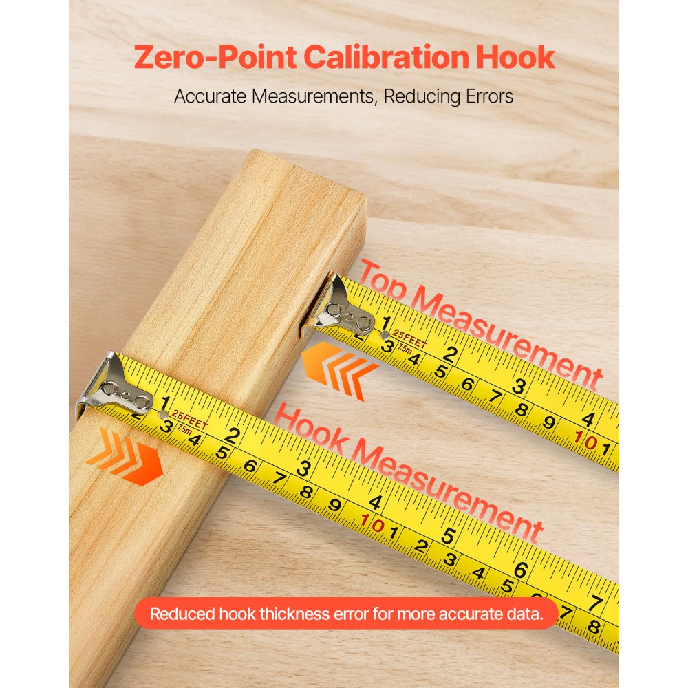 VEVOR Tape Measure 25 ft Length, Measuring Tape with Retractable, Imperial and Metric ft/m Dual-Scale & ABS Case & Easy Read Steel Measurement Tool, for Outdoor,Decoration