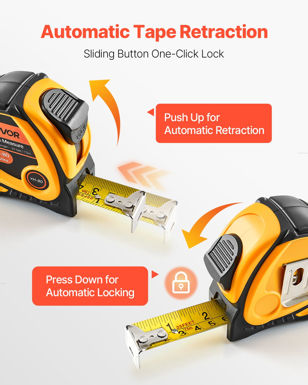 VEVOR Tape Measure 7620 mm Length, Measuring Tape with Retractable, One-Touch Lock, Imperial and Metric ft/m Dual-Scale & ABS Case & Easy Read Steel Measurement Tool, for Outdoor,Decoration