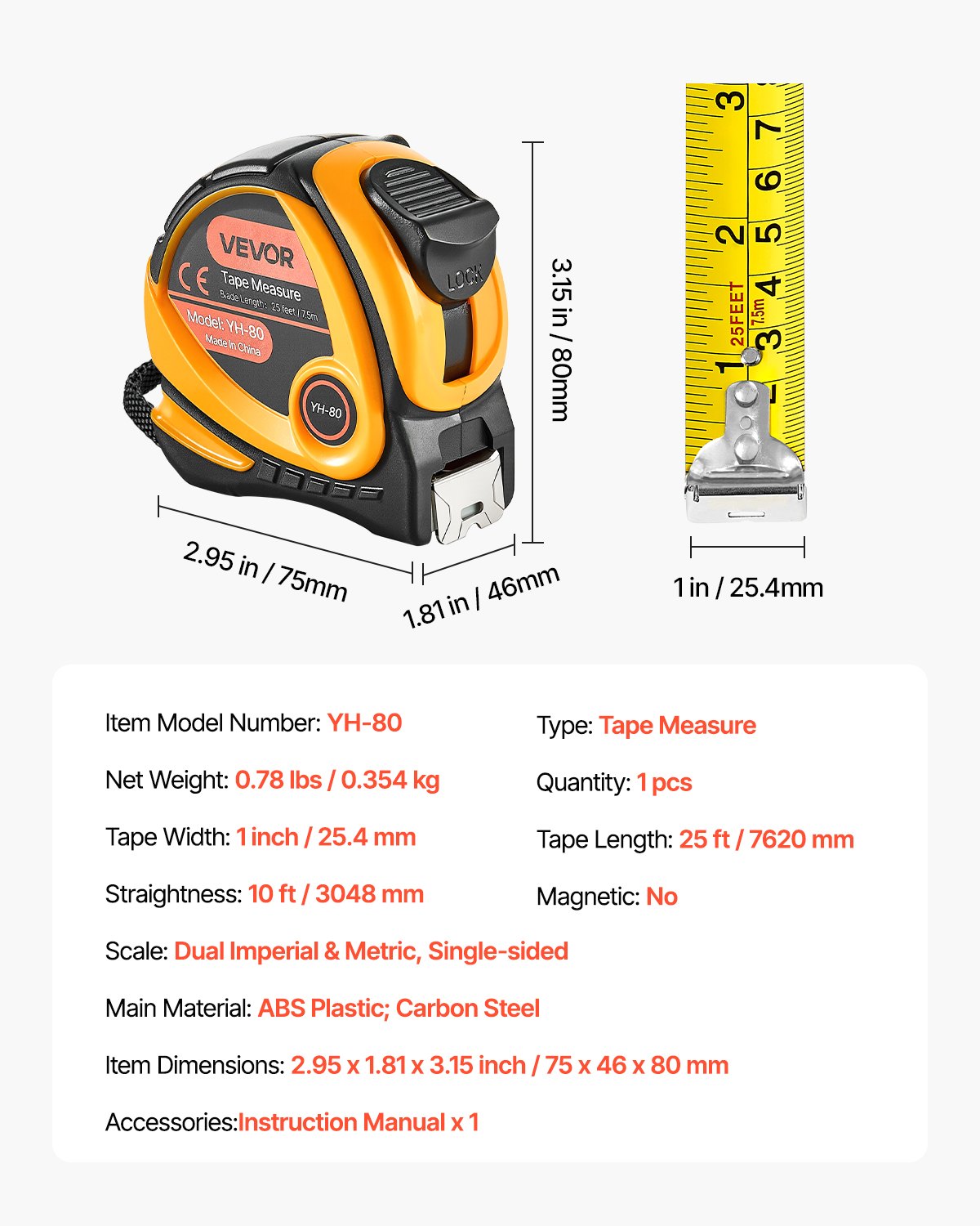 VEVOR Tape Measure 7620 mm Length, Measuring Tape with Retractable, One-Touch Lock, Imperial and Metric ft/m Dual-Scale & ABS Case & Easy Read Steel Measurement Tool, for Outdoor,Decoration