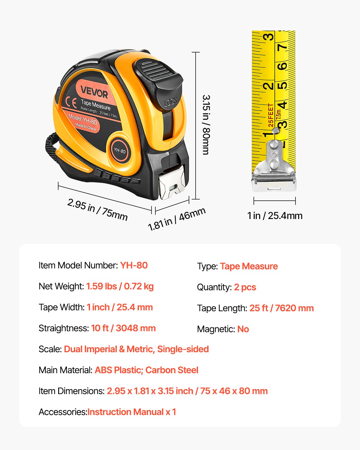 VEVOR 2 Packs Tape Measure 7620 mm Length, Measuring Tape with Retractable, One-Touch Lock, Imperial and Metric ft/m Dual-Scale & ABS Case & Easy Read Steel Measurement Tool,for Outdoor,Decoration