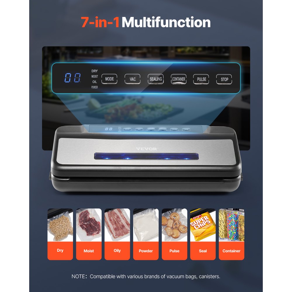 VEVOR Vacuum Sealer Machine, 80Kpa 120W Powerful Compact Food Sealer, 7-in-1 Multi-Functional Food Vacuum Sealer, Automatic Air Sealing System with Built-in Cutter with 10 Vacuum Bags & 1 Bag Roll