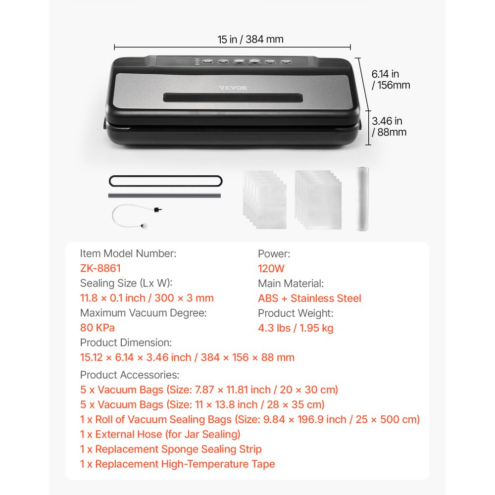 VEVOR Vacuum Sealer Machine, 80Kpa 120W Powerful Compact Food Sealer, 7-in-1 Multi-Functional Food Vacuum Sealer, Automatic Air Sealing System with Built-in Cutter with 10 Vacuum Bags & 1 Bag Roll
