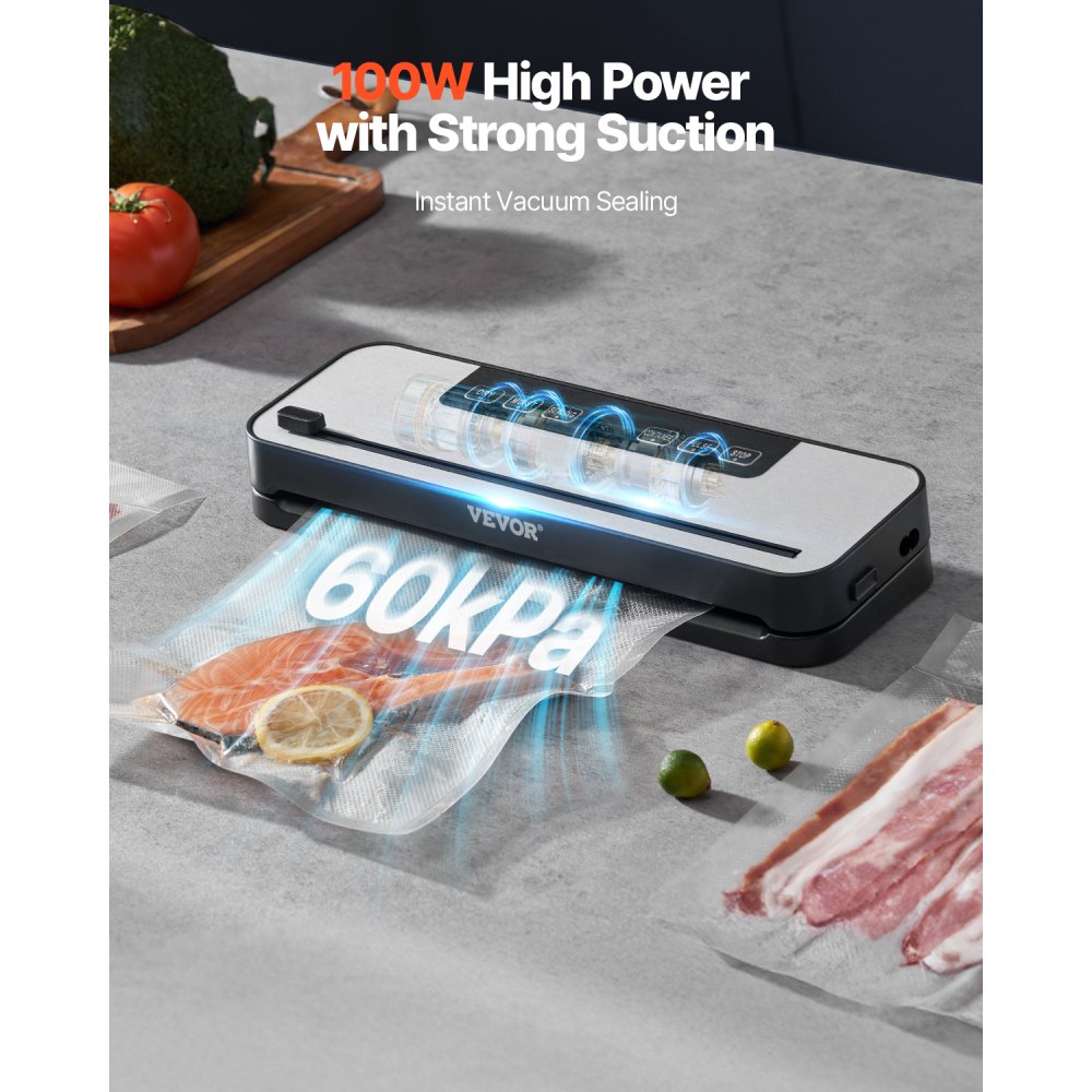 VEVOR Vacuum Sealer Machine, 60Kpa 100W Powerful Food Sealer, 5-in-1 Multi-Functional Food Vacuum Sealer, Automatic Air Sealing System with Built-in Cutter, 10 Vacuum Bags, Compact Design