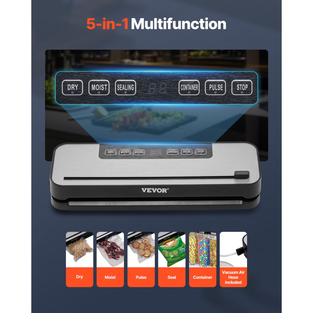 VEVOR Vacuum Sealer Machine, 60Kpa 100W Powerful Food Sealer, 5-in-1 Multi-Functional Food Vacuum Sealer, Automatic Air Sealing System with Built-in Cutter, 10 Vacuum Bags, Compact Design