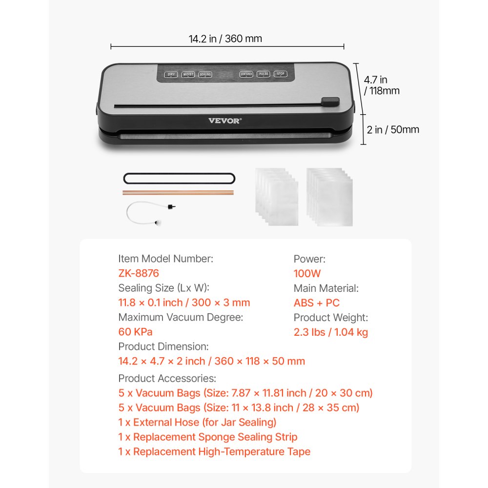 VEVOR Vacuum Sealer Machine, 60Kpa 100W Powerful Food Sealer, 5-in-1 Multi-Functional Food Vacuum Sealer, Automatic Air Sealing System with Built-in Cutter, 10 Vacuum Bags, Compact Design