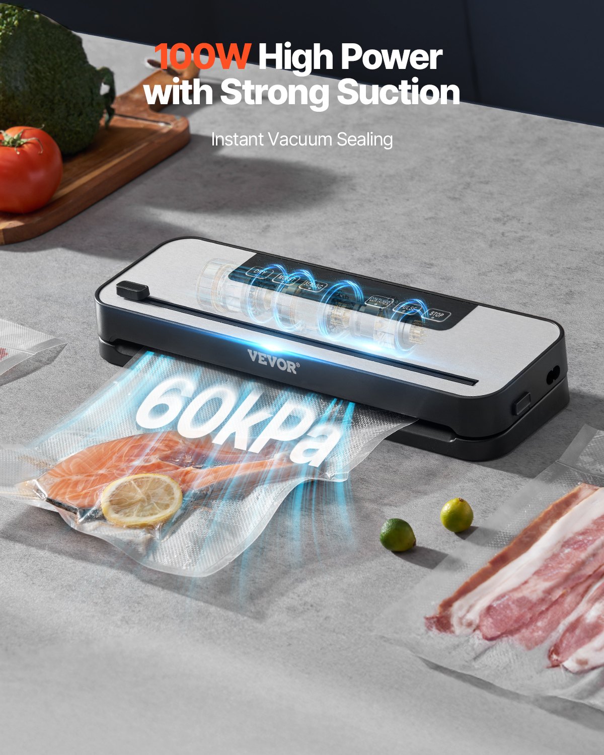 VEVOR Vacuum Sealer Machine, 60Kpa 100W Powerful Food Sealer, 5-in-1 Multi-Functional Food Vacuum Sealer, Automatic Air Sealing System with Built-in Cutter, 10 Vacuum Bags, Compact Design