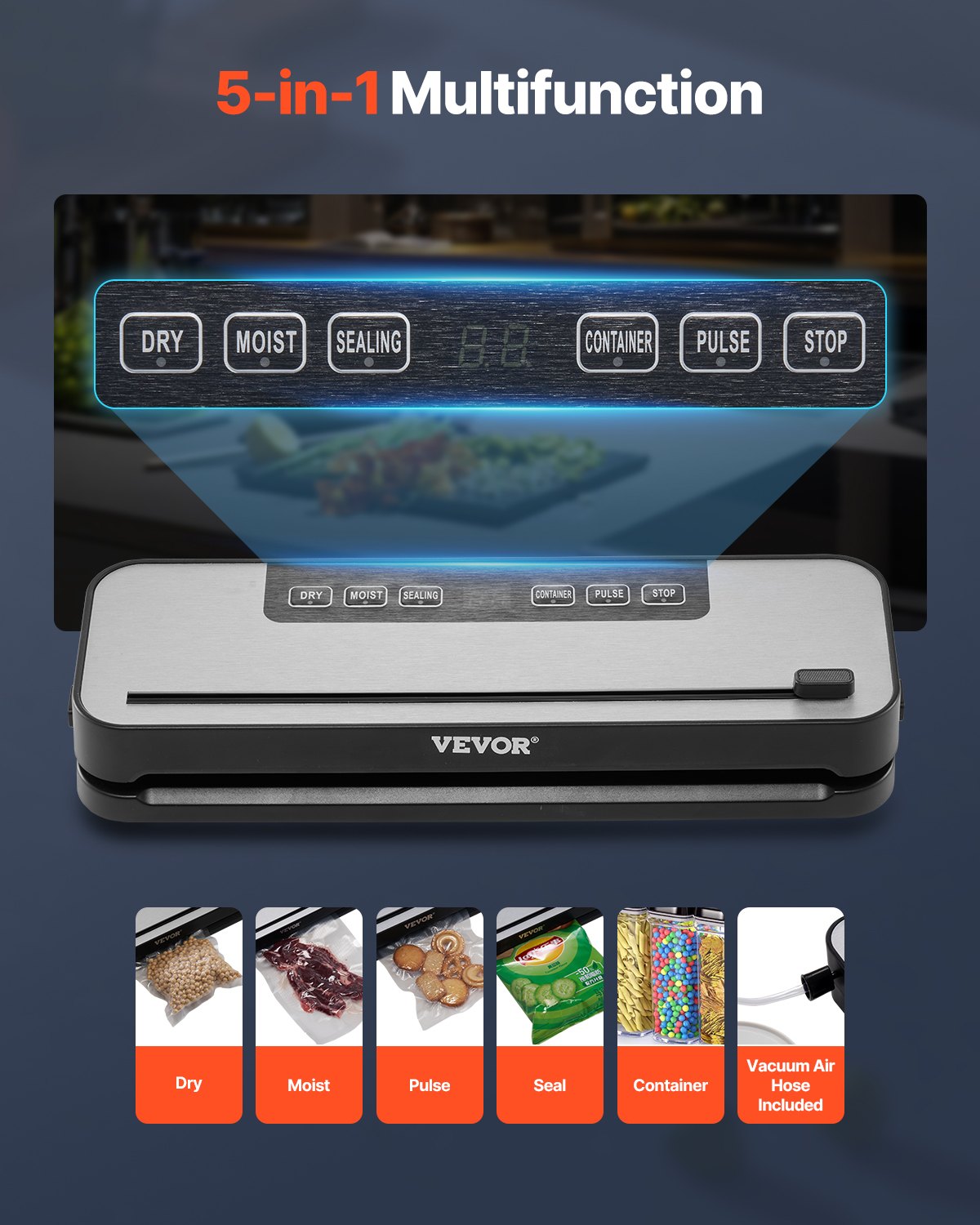 VEVOR Vacuum Sealer Machine, 60Kpa 100W Powerful Food Sealer, 5-in-1 Multi-Functional Food Vacuum Sealer, Automatic Air Sealing System with Built-in Cutter, 10 Vacuum Bags, Compact Design