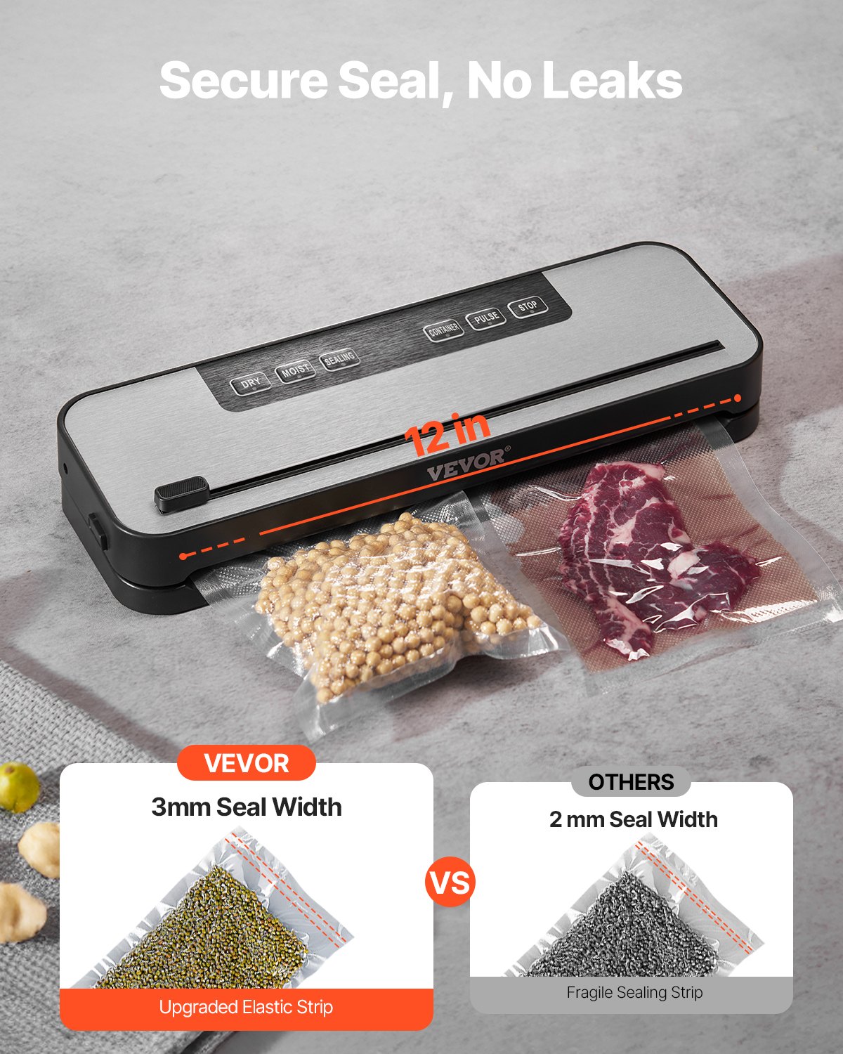 VEVOR Vacuum Sealer Machine, 60Kpa 100W Powerful Food Sealer, 5-in-1 Multi-Functional Food Vacuum Sealer, Automatic Air Sealing System with Built-in Cutter, 10 Vacuum Bags, Compact Design