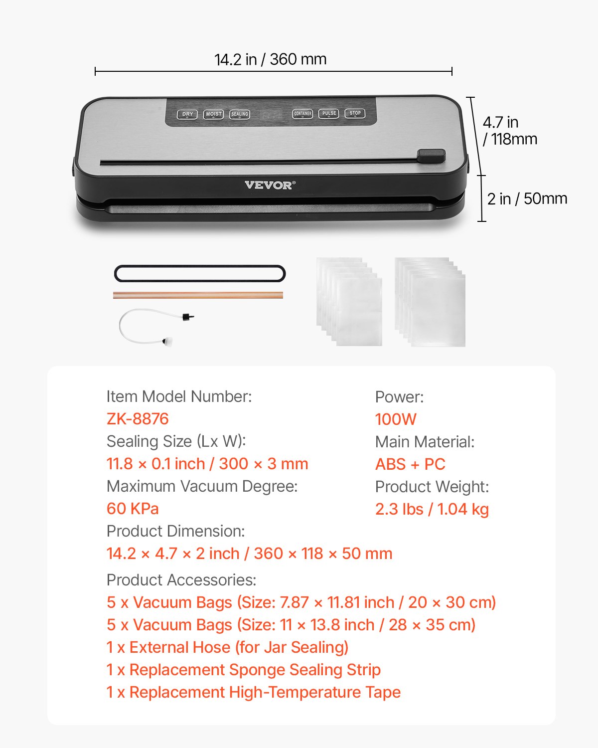 VEVOR Vacuum Sealer Machine, 60Kpa 100W Powerful Food Sealer, 5-in-1 Multi-Functional Food Vacuum Sealer, Automatic Air Sealing System with Built-in Cutter, 10 Vacuum Bags, Compact Design