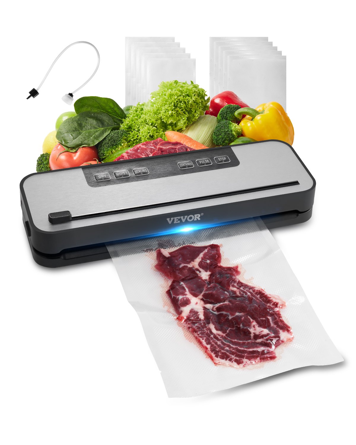 VEVOR Vacuum Sealer Machine, 60Kpa 100W Powerful Food Sealer, 5-in-1 Multi-Functional Food Vacuum Sealer, Automatic Air Sealing System with Built-in Cutter, 10 Vacuum Bags, Compact Design