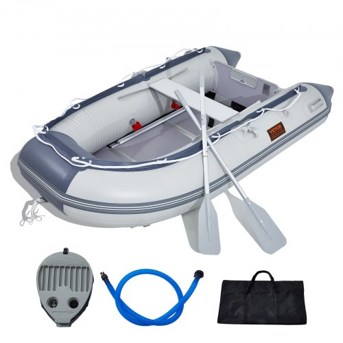 VEVOR Inflatable Dinghy Boat, 4-Person Transom Sport Tender Boat, with Marine Wood Floor and Adjustable Aluminum Bench, 1000 lbs Inflatable Fishing Boat Raft, Aluminum Oars, Air Pump, and Carry Bag
